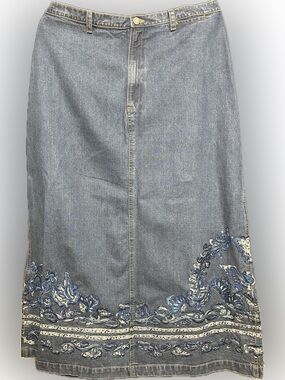 NWOT Chico’s long denim skirt with blue and white embroidered floral hem